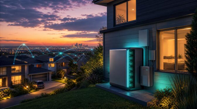 Conceptual image of a suburban home with a small edge AI compute and power unit, representing distributed backyard data centers.